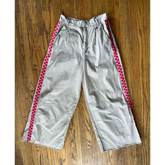LAZY OAF Beige Pink Check 100% Cotton Wide Leg Pants Trousers    Women's Size 28 - Picture 1 of 10